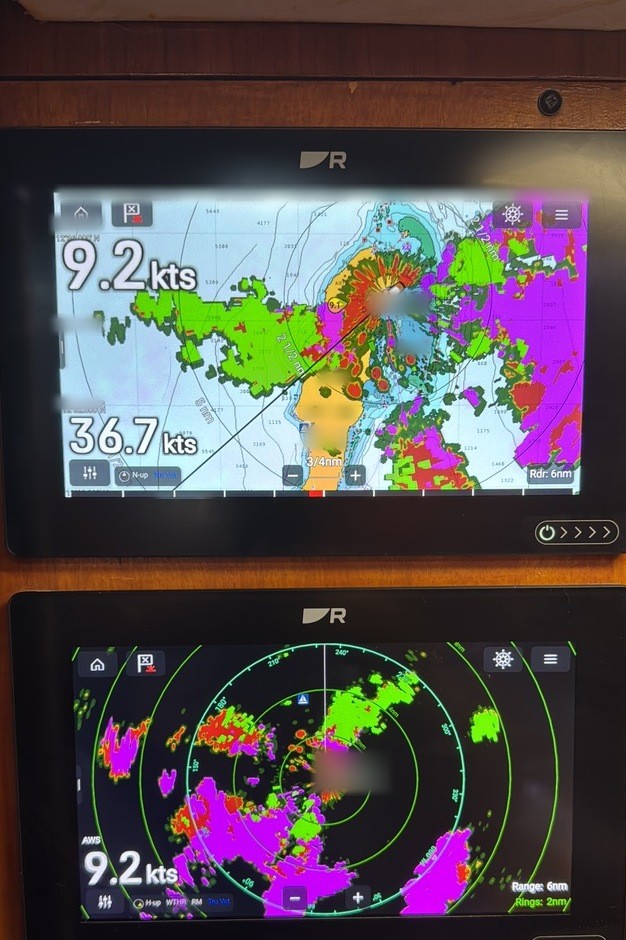 Dual Raymarine Axiom MFDs — both screens, Schenker cropped