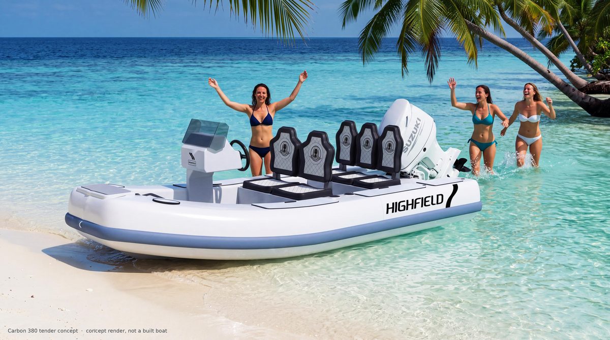 Carbon 380 tender concept render on a tropical beach