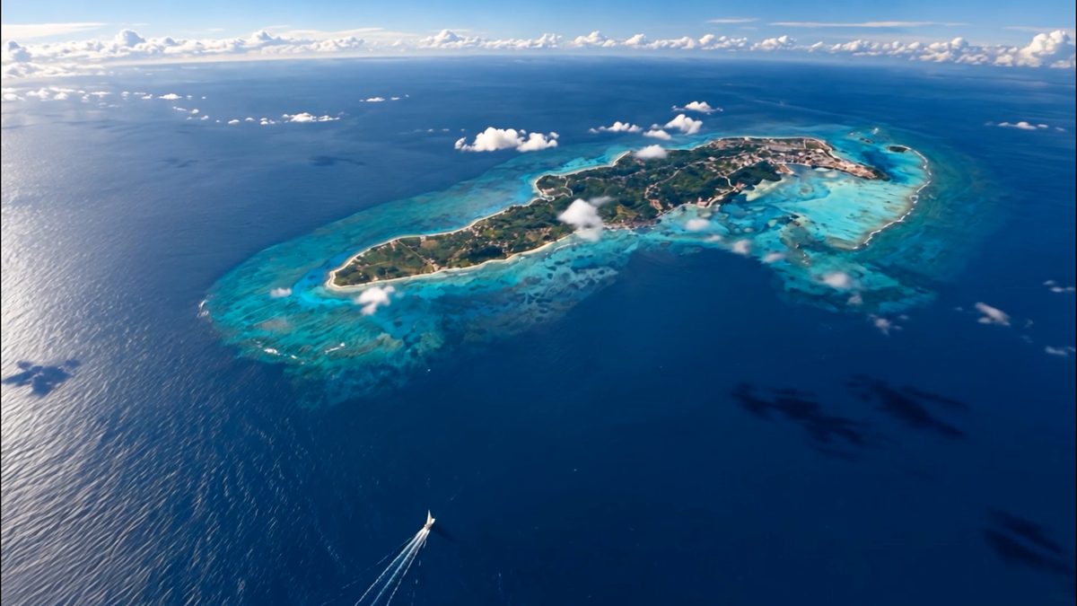 Aerial view of a Caribbean island ringed by turquoise reef, with a boat crossing the open sea below