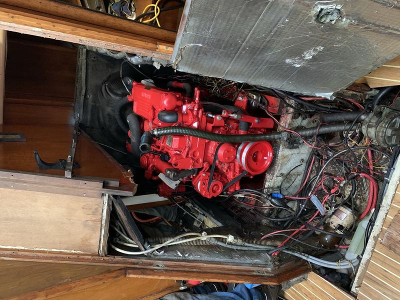 Our red Beta Marine diesel engine in the engine room