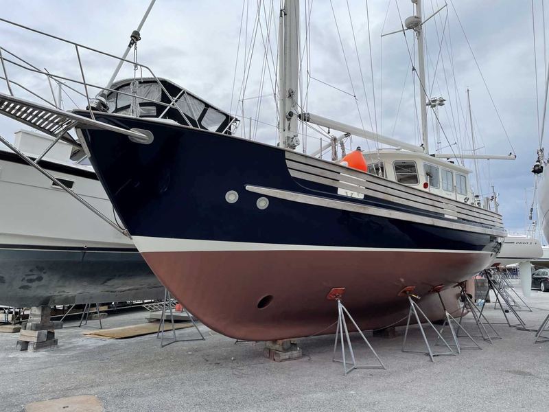 A sailboat on stands with a fresh CopperCoat finish