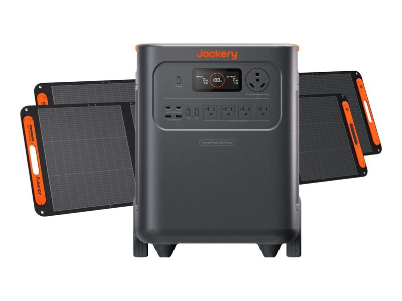 A Jackery power station with two solar panels